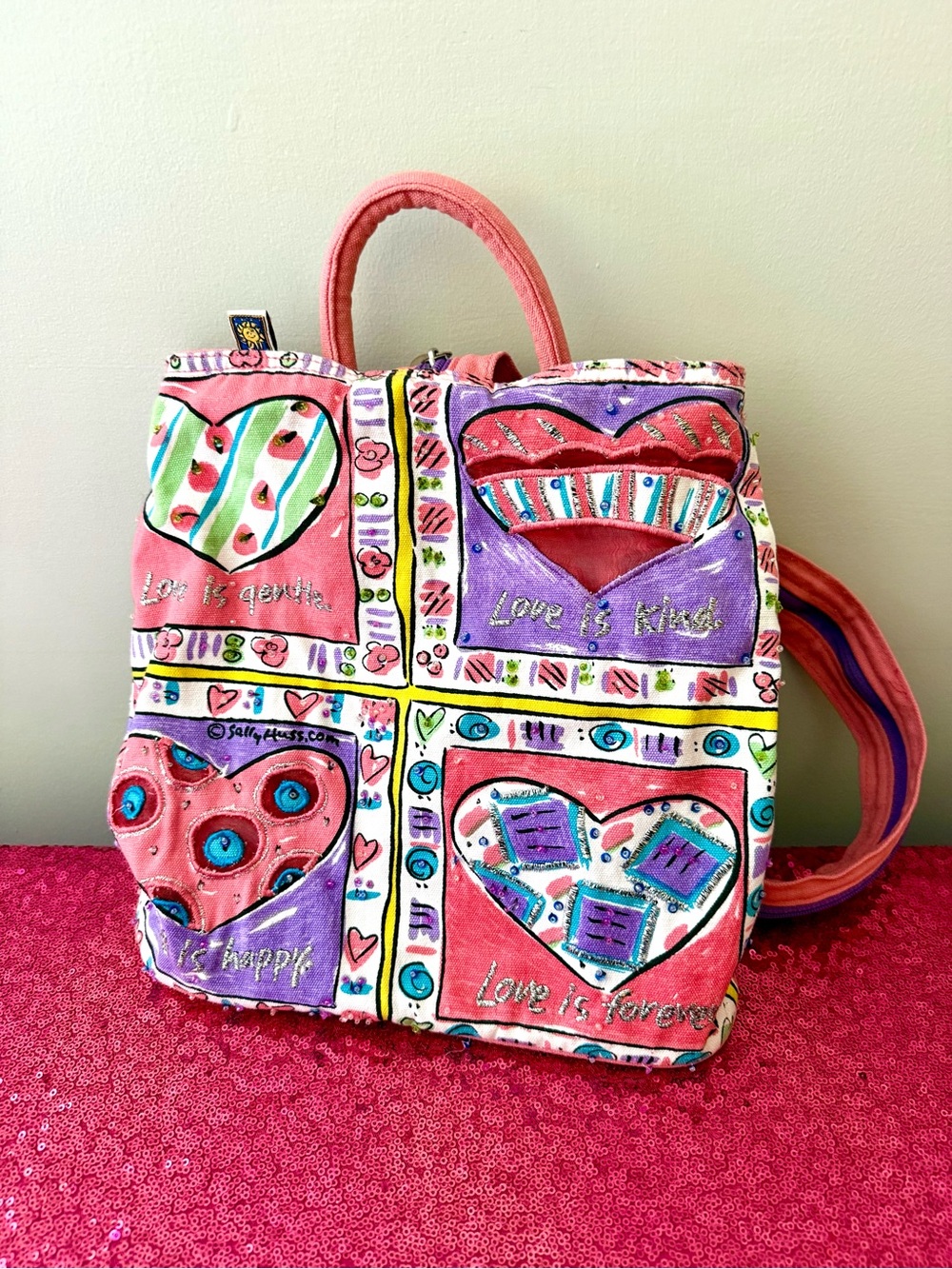 💘VINTAGE Sally Huss Pink Love Cotton Canvas Convertible Backpack Tote Bag